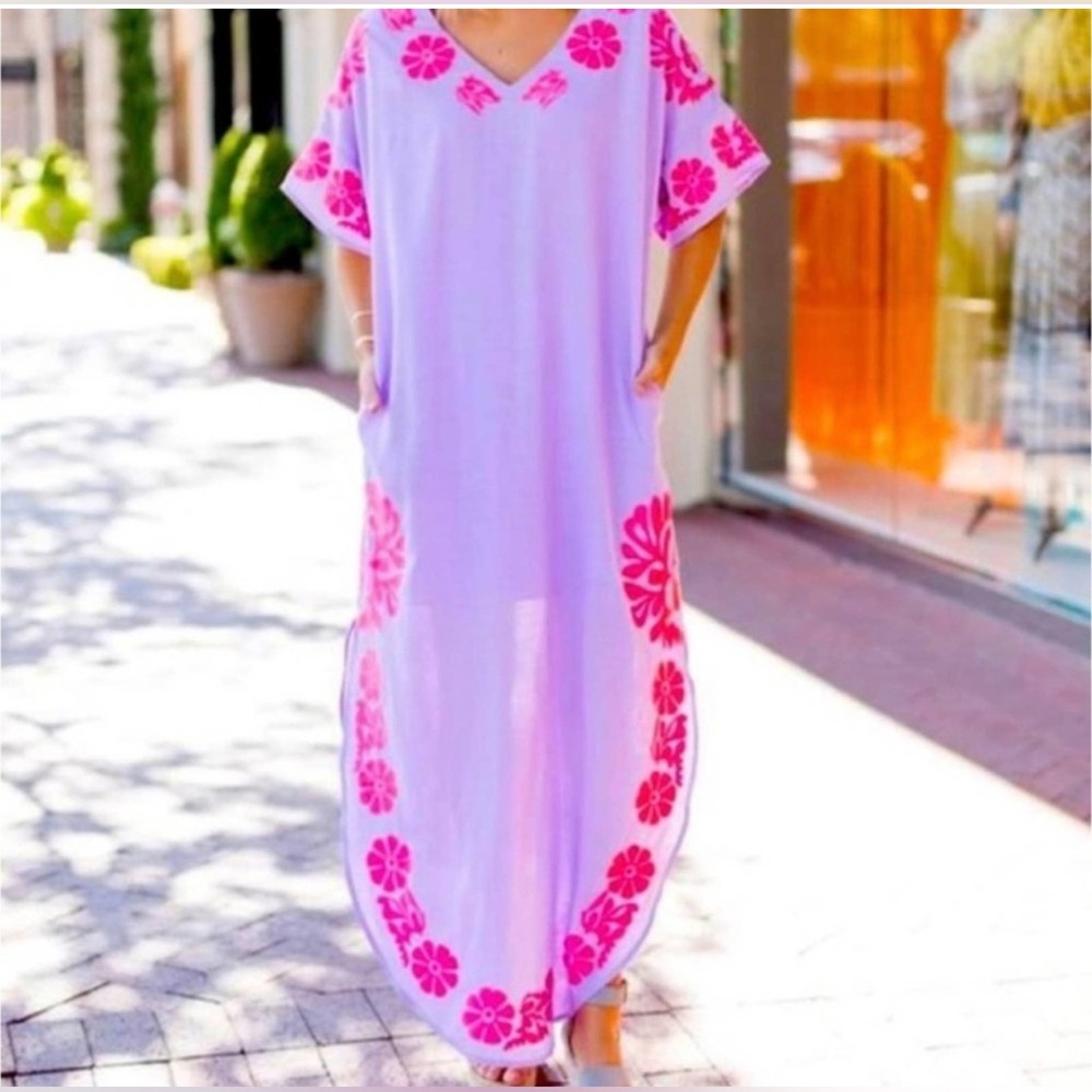 J.Marie Lula Linen Lilac Embroidered Caftán; Size S